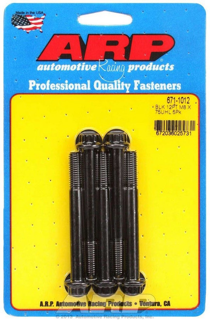 Bolt - 8 mm x 1.25 Thread - 75 mm Long - 10 mm 12 Point Head - Chromoly - Black Oxide - Universal - Set of 5 Bolt - 8 mm x 1.25 Thread - 75 mm Long - 10 mm 12 Point Head - Chromoly - Black Oxide - Universal - Set of 5