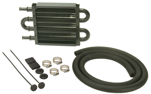 Fluid Cooler - 8.125 x 5 x 0.75 in - Tube Type - 11/32 in Hose Barb Inlet / Outlet - Hardware / Hose - Aluminum / Copper - Black Powder Coat - Power Steering - Kit