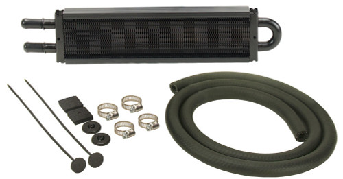 Fluid Cooler - 12.625 x 2.5 x 0.75 in - Tube Type - 11/32 in Hose Barb Inlet / Outlet - Hardware / Hose - Aluminum / Copper - Black Powder Coat - Automatic Transmission - Kit