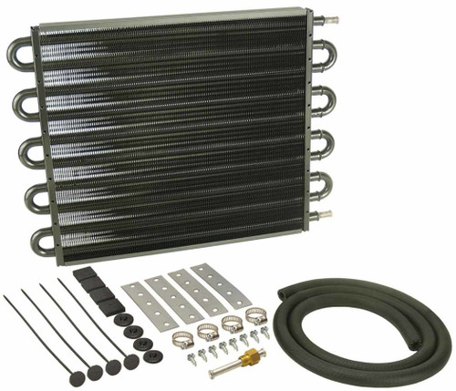 Fluid Cooler - 16.625 x 12.625 x 0.75 in - Tube Type - 11/32 in Hose Barb Inlet / Outlet - Fitting / Hardware / Hose - Aluminum / Copper - Black Powder Coat - Automatic Transmission - Kit