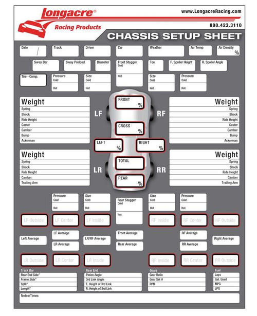 Chassis Setup and Tire Chart - 50 Sheet in Pad - 3 Ring Binder - Each