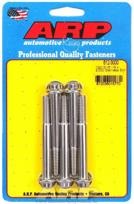 Bolt - 5/16-18 in Thread - 3 in Long - 3/8 in 12 Point Head - Stainless - Polished - Universal - Set of 5 Bolt - 5/16-18 in Thread - 3 in Long - 3/8 in 12 Point Head - Stainless - Polished - Universal - Set of 5