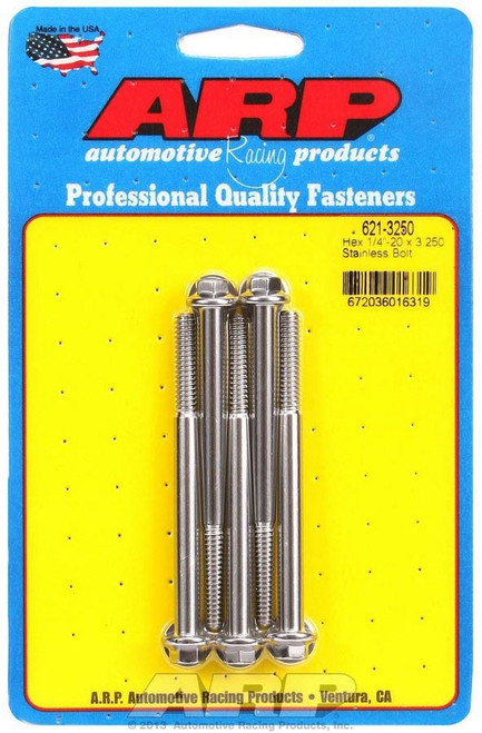 Bolt - 1/4-20 in Thread - 3.25 in Long - 5/16 in Hex Head - Stainless - Polished - Universal - Set of 5 Bolt - 1/4-20 in Thread - 3.25 in Long - 5/16 in Hex Head - Stainless - Polished - Universal - Set of 5