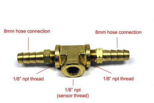 Fitting - Adapter Tee - 8 mm Hose Barb x 8 mm Hose Barb x 1/8 in NPT Female - Brass - Natural - Each