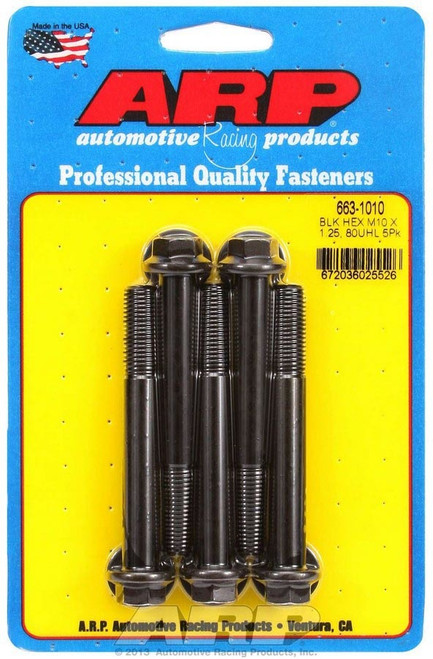 Bolt - 10 mm x 1.25 Thread - 80 mm Long - 12 mm Hex Head - Chromoly - Black Oxide - Universal - Set of 5