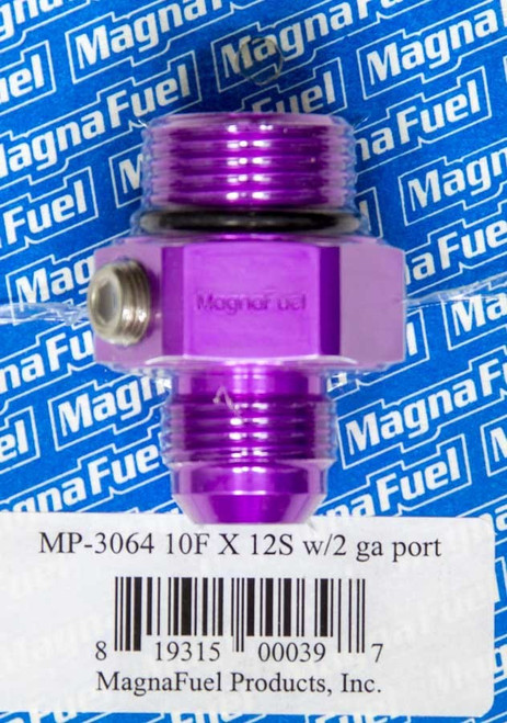 Fitting - Gauge Adapter - Straight - 10 AN Male to 12 AN Male O-Ring - Two 1/8 in NPT Gauge Ports - Plug Included - Aluminum - Purple Anodized - Each