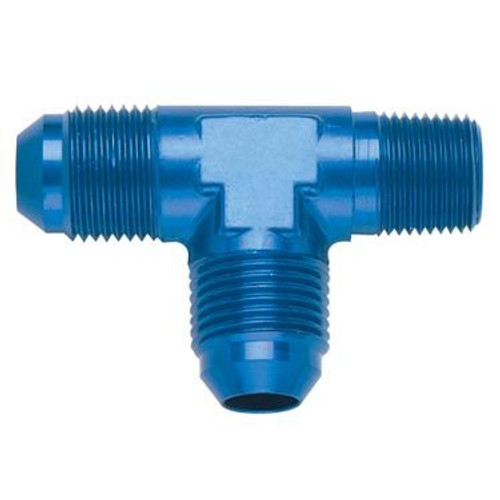 Fitting - Adapter Tee - 8 AN Male x 8 AN Male x 3/8 in NPT Male - Aluminum - Blue Anodized - Each