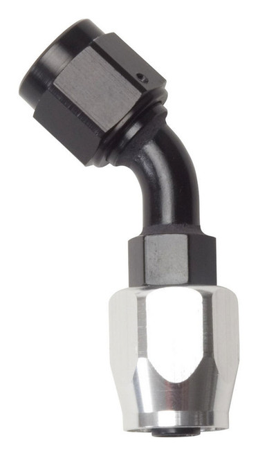 Fitting - Hose End - Full Flow - 45 Degree - 8 AN Hose to 8 AN Female - Aluminum - Black / Silver Anodized - Each