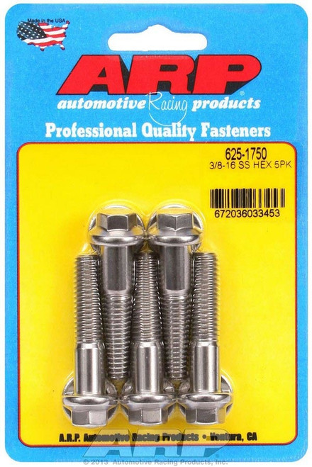 Bolt - 3/8-16 in Thread - 1.75 in Long - 7/16 in Hex Head - Stainless - Polished - Universal - Set of 5 Bolt - 3/8-16 in Thread - 1.75 in Long - 7/16 in Hex Head - Stainless - Polished - Universal - Set of 5