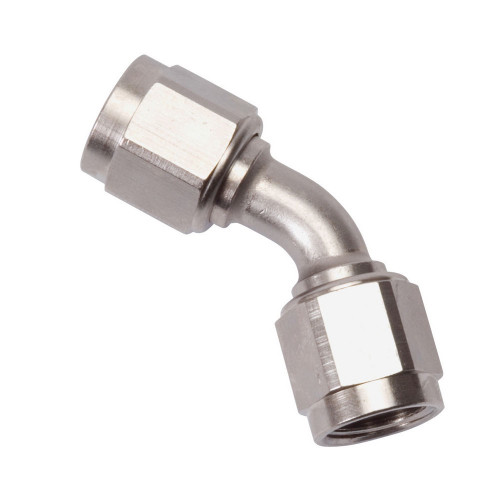 Fitting - Adapter - 45 Degree - 6 AN Female Swivel to 6 AN Female Swivel - Aluminum - Nickel Anodized - Each