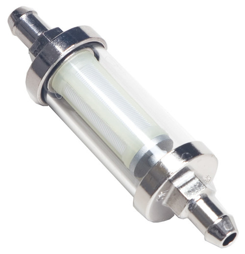 Fuel Filter - In-Line - Stainless Mesh - 3/8 in Hose Barb Inlet - 3/8 in Hose Barb Outlet - Glass / Steel - Chrome - Each