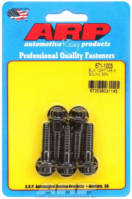 Bolt - 8 mm x 1.25 Thread - 30 mm Long - 10 mm 12 Point Head - Chromoly - Black Oxide - Universal - Set of 5