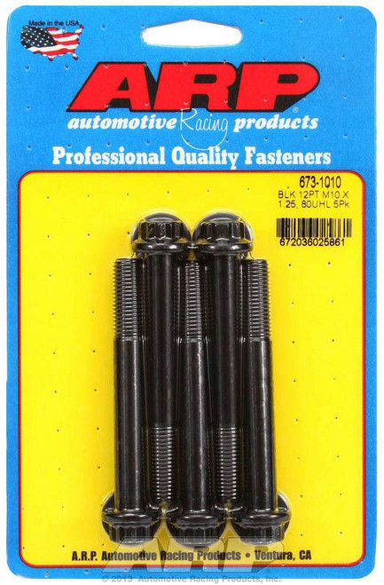 Bolt - 10 mm x 1.25 Thread - 80 mm Long - 12 mm 12 Point Head - Washers Included - Chromoly - Black Oxide - Universal - Set of 5
