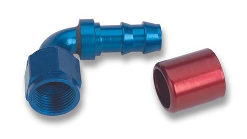 Fitting - Hose End - Super Stock - 90 Degree - 6 AN Hose Crimp to 6 AN Female - Aluminum - Blue / Red Anodized - Each