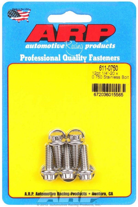 Bolt - 1/4-20 in Thread - 0.75 in Long - 5/16 in 12 Point Head - Stainless - Polished - Universal - Set of 5 Bolt - 1/4-20 in Thread - 0.75 in Long - 5/16 in 12 Point Head - Stainless - Polished - Universal - Set of 5