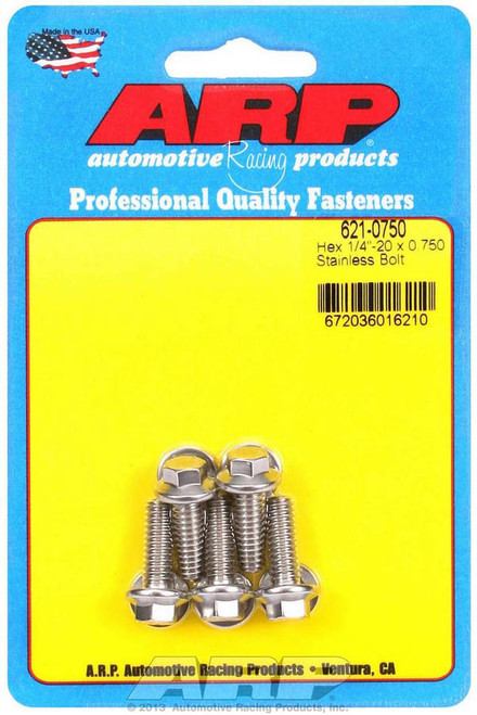 Bolt - 1/4-20 in Thread - 0.75 in Long - 5/16 in Hex Head - Stainless - Polished - Universal - Set of 5