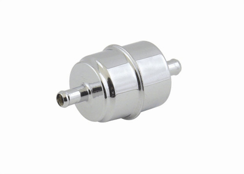 Fuel Filter - Canister - In-Line - 40 Micron - Paper Element - 3/8 in Hose Barb Inlet - 3/8 in Hose Barb Outlet - Steel - Chrome - Each Fuel Filter - Canister - In-Line - 40 Micron - Paper Element - 3/8 in Hose Barb Inlet - 3/8 in Hose Barb Outlet - Steel - Chrome - Each