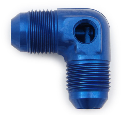 Fitting - Gauge Adapter - 90 Degree - 8 AN Male to 8 AN Male - 1/8 in NPT Gauge Port - Aluminum - Blue Anodized - Each Fitting - Gauge Adapter - 90 Degree - 8 AN Male to 8 AN Male - 1/8 in NPT Gauge Port - Aluminum - Blue Anodized - Each