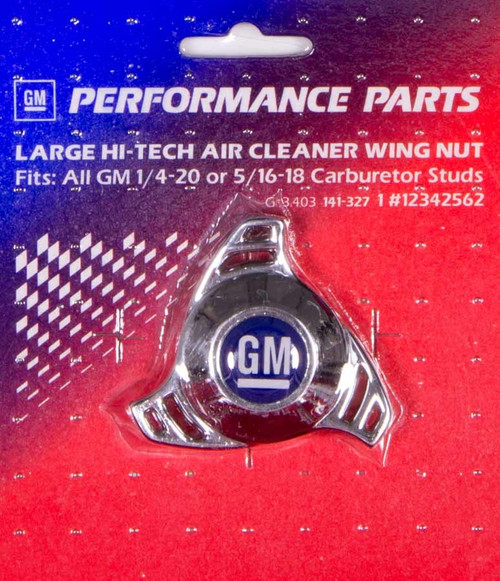 Air Cleaner Nut - Tri Star - 1/4-20 in and 5/16-18 in Thread - Blue / White GM Logo - Aluminum - Chrome - Each