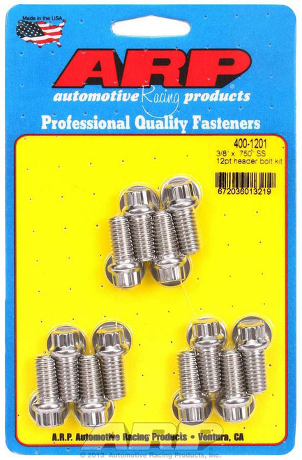Header Bolt - 3/8-16 in Thread - 0.75 in Long - 12 Point Head - Stainless - Polished - Small Block Chevy - Set of 12 Header Bolt - 3/8-16 in Thread - 0.75 in Long - 12 Point Head - Stainless - Polished - Small Block Chevy - Set of 12