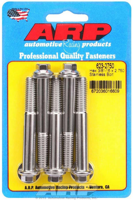 Bolt - 3/8-16 in Thread - 2.75 in Long - 3/8 in Hex Head - Stainless - Polished - Universal - Set of 5
