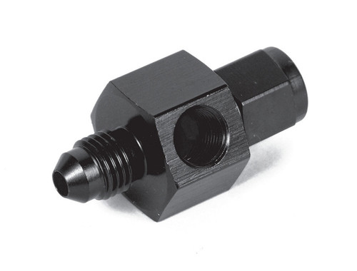 Fitting - Gauge Adapter - Straight - 4 AN Male to 4 AN Male - 1/8 in NPT Gauge Port - Aluminum - Black Anodized - Each
