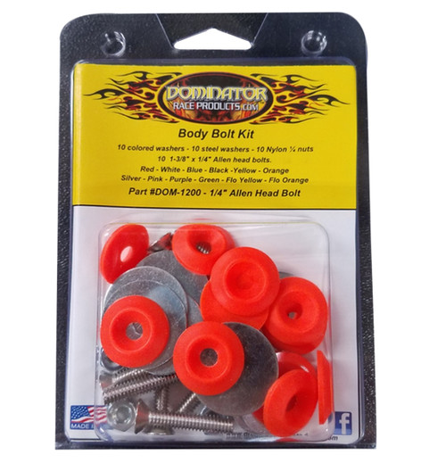 Countersunk Bolt Kit - 1/4-20 in Thread - 1.75 in Long - Allen Head - Countersunk Washers / Nuts - Plastic / Steel - Fluorescent Orange - Set of 10