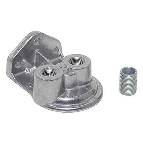 Remote Oil Filter Mount - Single Filter - 3/4-16 in Thread - Two 3/8 in NPT Ports - Bolt-On - Upward Facing Ports - Aluminum - Natural - Each Remote Oil Filter Mount - Single Filter - 3/4-16 in Thread - Two 3/8 in NPT Ports - Bolt-On - Upward Facing Ports - Aluminum - Natural - Each