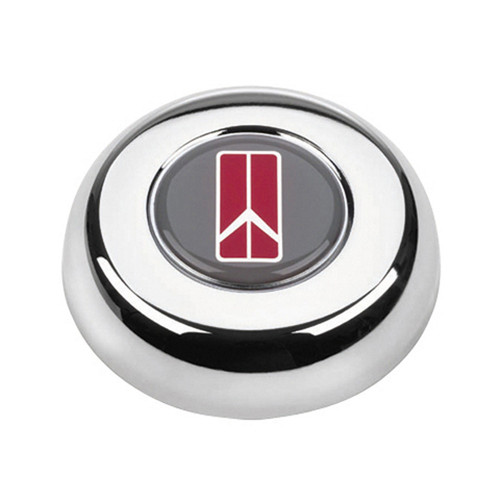 Horn Button - Gray / Red / White Oldsmobile Logo - Steel - Chrome - Grant Classic / Challenger Series Wheels - Each