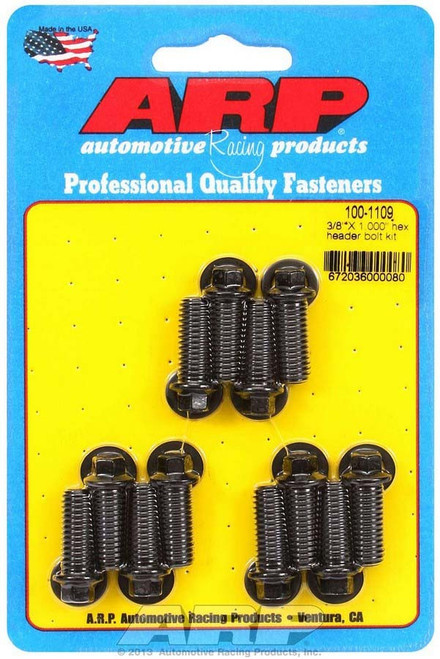 Header Bolt - 3/8-16 in Thread - 1 in Long - Hex Head - Chromoly - Black Oxide - Universal - Set of 12 Header Bolt - 3/8-16 in Thread - 1 in Long - Hex Head - Chromoly - Black Oxide - Universal - Set of 12