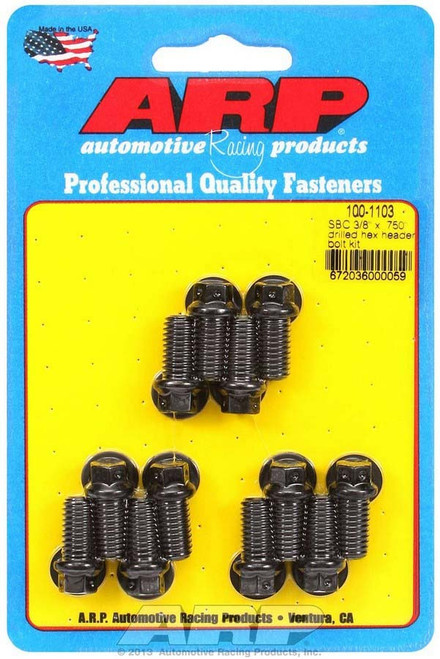 Header Bolt - 3/8-16 in Thread - 0.75 in Long - Hex Head - Chromoly - Black Oxide - Drilled - Small Block Chevy - Set of 12