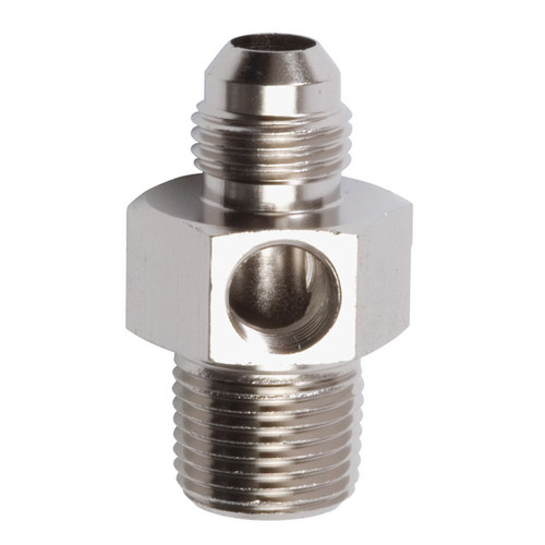 Fitting - Gauge Adapter - Straight - 6 AN Male to 3/8 in NPT Male - 1/8 in NPT Gauge Port - Aluminum - Nickel Anodized - Each Fitting - Gauge Adapter - Straight - 6 AN Male to 3/8 in NPT Male - 1/8 in NPT Gauge Port - Aluminum - Nickel Anodized - Each