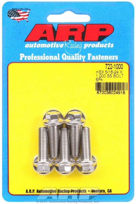 Bolt - 5/16-24 in Thread - 1 in Long - 3/8 in Hex Head - Stainless - Polished - Universal - Set of 5