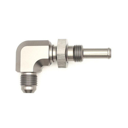 Fitting - Bulkhead - 90 Degree - 6 AN Male to 5/16 in Hose Barb Bulkhead - Aluminum - Titanium Anodized - Each Fitting - Bulkhead - 90 Degree - 6 AN Male to 5/16 in Hose Barb Bulkhead - Aluminum - Titanium Anodized - Each