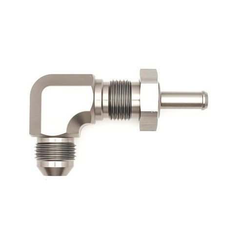 Fitting - Bulkhead - 90 Degree - 8 AN Male to 5/16 in Hose Barb Bulkhead - Aluminum - Titanium Anodized - Each Fitting - Bulkhead - 90 Degree - 8 AN Male to 5/16 in Hose Barb Bulkhead - Aluminum - Titanium Anodized - Each