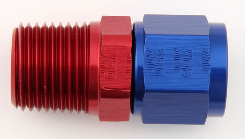 Fitting - Adapter - Straight - 8 AN Female Swivel to 1/2 in NPT Male - Aluminum - Blue / Red Anodized - Each Fitting - Adapter - Straight - 8 AN Female Swivel to 1/2 in NPT Male - Aluminum - Blue / Red Anodized - Each