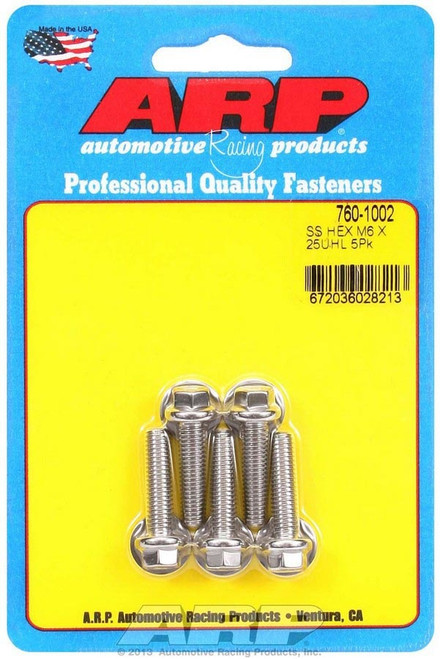Bolt - 6 mm x 1.00 Thread - 25 mm Long - 8 mm Hex Head - Stainless - Polished - Universal - Set of 5