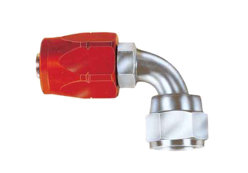 Fitting - Hose End - AQP/Startlite - 90 Degree - 4 AN Hose to 4 AN Female Swivel - Aluminum / Steel - Red Anodized / Natural - Each
