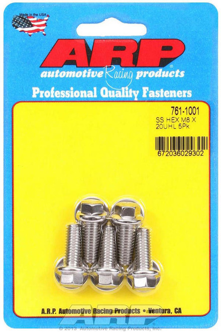 Bolt - 8 mm x 1.25 Thread - 20 mm Long - 10 mm Hex Head - Stainless - Polished - Universal - Set of 5