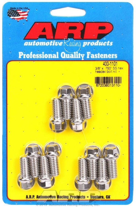 Header Bolt - 3/8-16 in Thread - 0.75 in Long - Hex Head - Stainless - Polished - Small Block Chevy - Set of 12 Header Bolt - 3/8-16 in Thread - 0.75 in Long - Hex Head - Stainless - Polished - Small Block Chevy - Set of 12