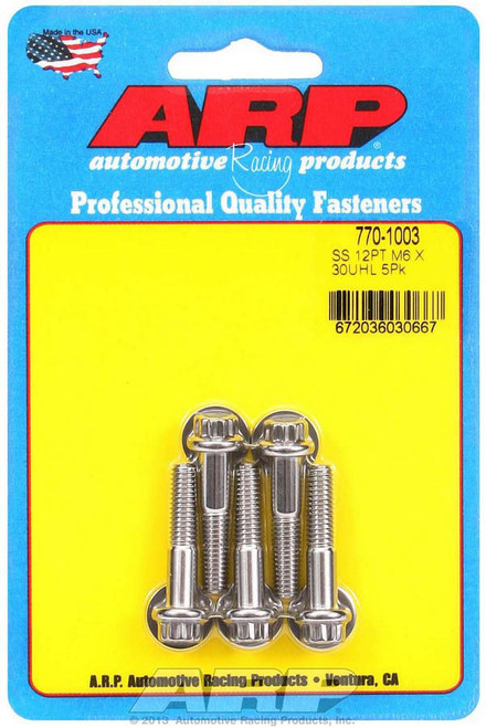 Bolt - 6 mm x 1.00 Thread - 30 mm Long - 8 mm 12 Point Head - Stainless - Polished - Universal - Set of 5