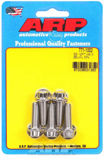 Bolt - 8 mm x 1.25 Thread - 25 mm Long - 10 mm 12 Point Head - Stainless - Polished - Universal - Set of 5