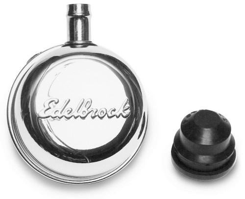 Breather - Signature Series - Push-In - Round - 1-1/4 in Hole - 3/8 in Hose Barb Fitting - Edelbrock Logo - Steel - Chrome - Each