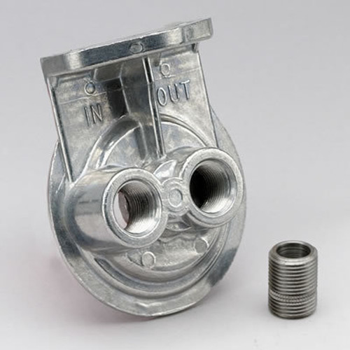 Remote Oil Filter Mount - Single Filter - 13/16-16 in Thread - Two 1/2 in NPT Ports - Bolt-On - Upward Facing Ports - Aluminum - Natural - Each Remote Oil Filter Mount - Single Filter - 13/16-16 in Thread - Two 1/2 in NPT Ports - Bolt-On - Upward Facing Ports - Aluminum - Natural - Each