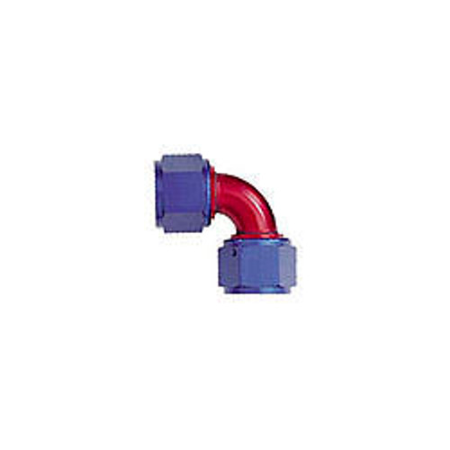 Fitting - Adapter - 90 Degree - 8 AN Female Swivel to 8 AN Female Swivel - Aluminum - Blue / Red Anodized - Each Fitting - Adapter - 90 Degree - 8 AN Female Swivel to 8 AN Female Swivel - Aluminum - Blue / Red Anodized - Each