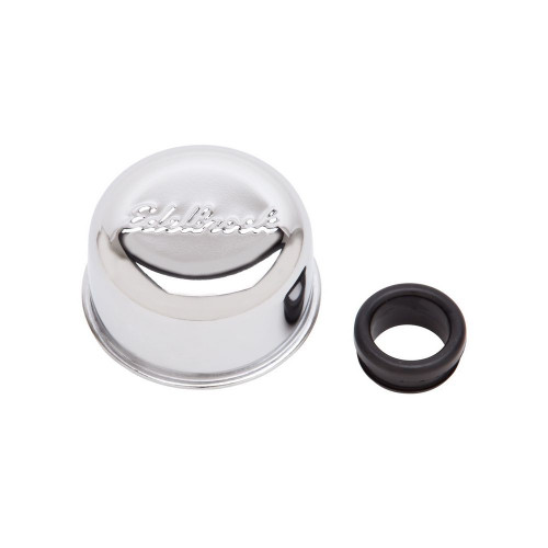 Breather - Signature Series - Push-In - Round - 1-1/4 in Hole - Edelbrock Logo - Steel - Chrome - Each