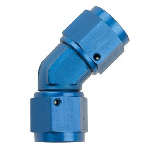 Fitting - Adapter - 45 Degree - 6 AN Female Swivel to 6 AN Female - Aluminum - Blue Anodized - Each Fitting - Adapter - 45 Degree - 6 AN Female Swivel to 6 AN Female - Aluminum - Blue Anodized - Each