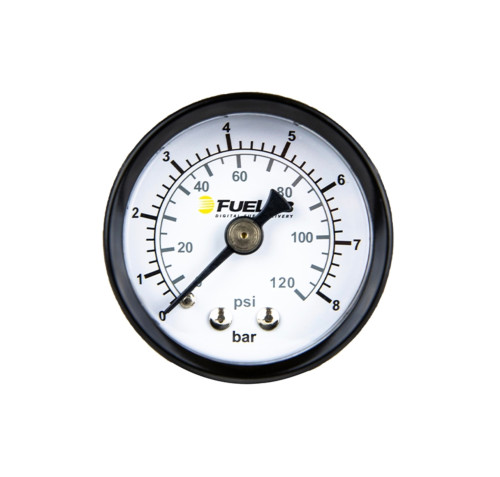 Fuel Pressure Gauge - 0-8 BAR / 0-120 psi - Mechanical - Analog - Full Sweep - 1-1/2 in Diameter - White Face - Each Fuel Pressure Gauge - 0-8 BAR / 0-120 psi - Mechanical - Analog - Full Sweep - 1-1/2 in Diameter - White Face - Each