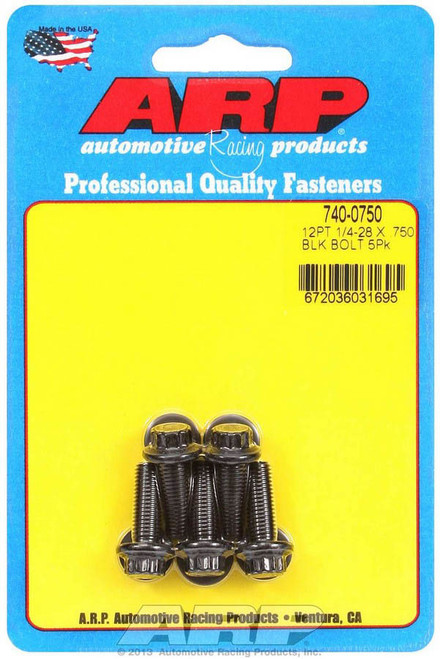 Bolt - 1/4-28 in Thread - 0.75 in Long - 5/16 in 12 Point Head - Chromoly - Black Oxide - Universal - Set of 5