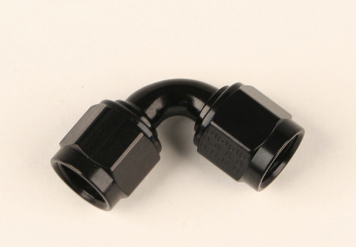 Fitting - Adapter - 90 Degree - 4 AN Female Swivel to 4 AN Female Swivel - Aluminum - Black Anodized - Each Fitting - Adapter - 90 Degree - 4 AN Female Swivel to 4 AN Female Swivel - Aluminum - Black Anodized - Each